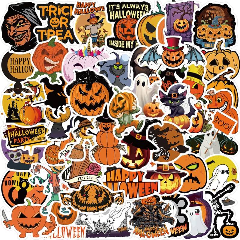 RAKKYO 50 Stück Halloween Pumpkin Aufkleber - Wasserdichtes Vinyl, Cartoon-Kürbis- und Schädel-Kürbis-Dekorationsaufkleber - Ideal für Laptop, Wasserflasche, Gitarre, Koffer, Halloween-Party von RAKKYO