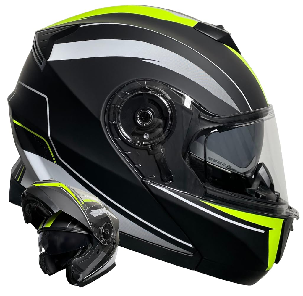 Klapphelm Integralhelm Helm Motorradhelm RALLOX 160 schwarz gelb neon grün matt mit Sonnenblende (S, M, L, XL) Größe M von RALLOX Helmets