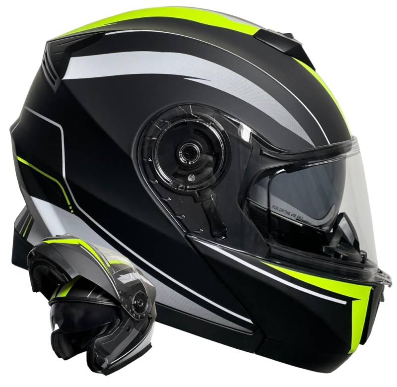 Klapphelm Integralhelm Helm Motorradhelm RALLOX 160 schwarz neon gelb grün matt mit Sonnenblende (S, M, L, XL) Größe S von RALLOX Helmets