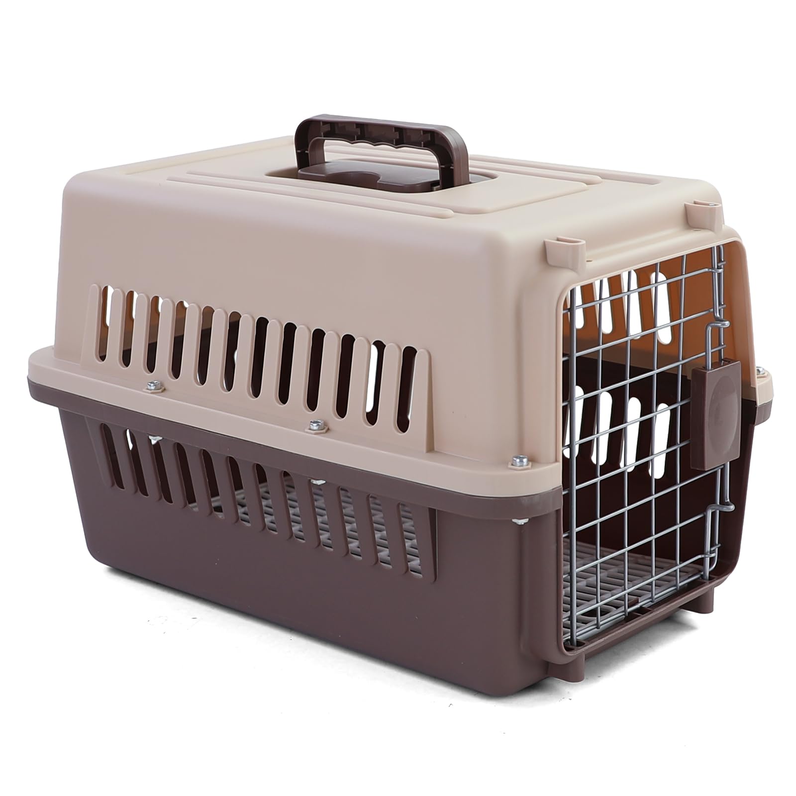 Tier Reise Auto Transportbox mit Tür für Hund Katze usw. Beige Braun 30x48x31cm von RAMROXX