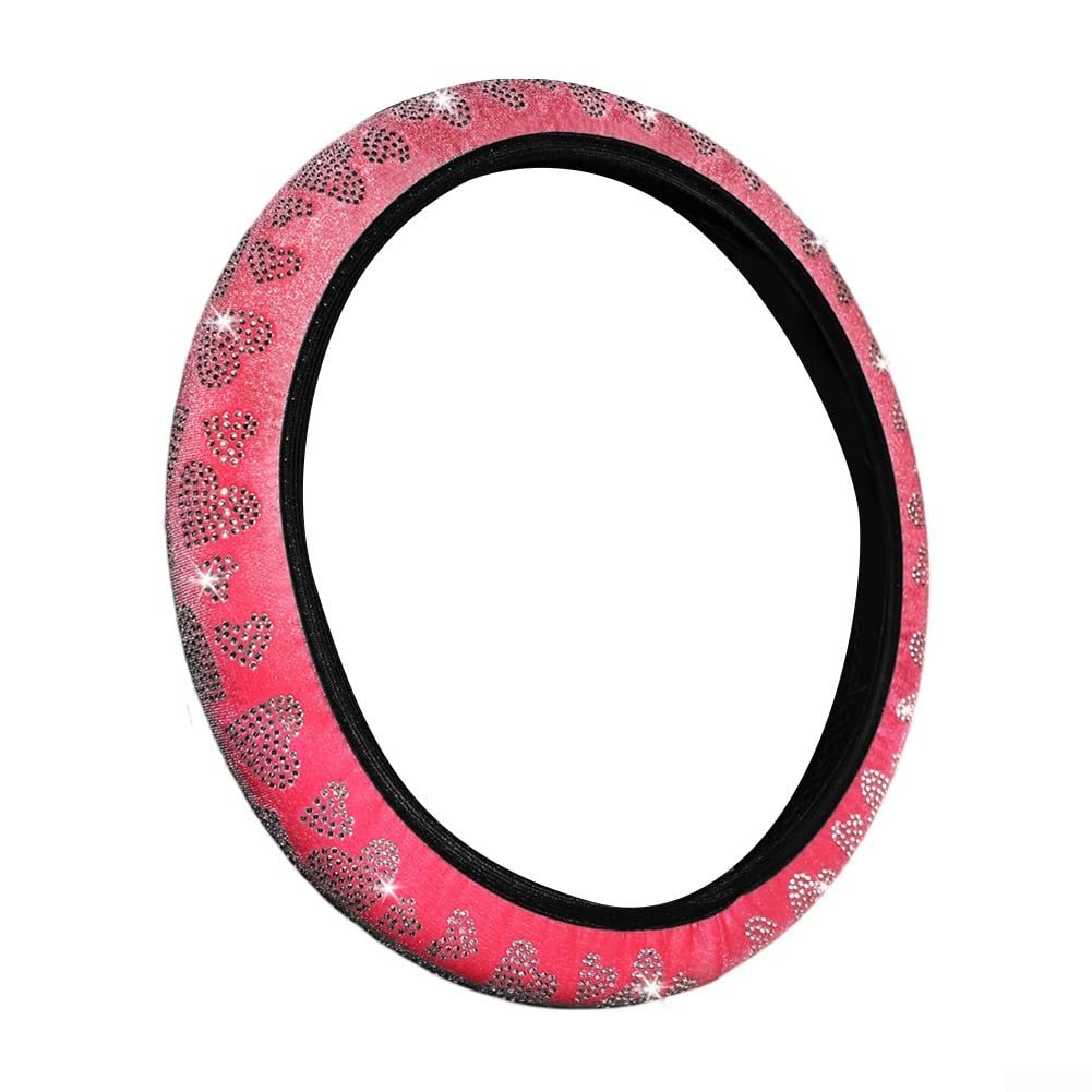 RANRAO Auto-Lenkradbezug, glitzernde Herzform, Plüsch-Auto-Lenkradbezug für 36,8–38,1 cm (14,5–15 Zoll) (Rosa) von RANRAO