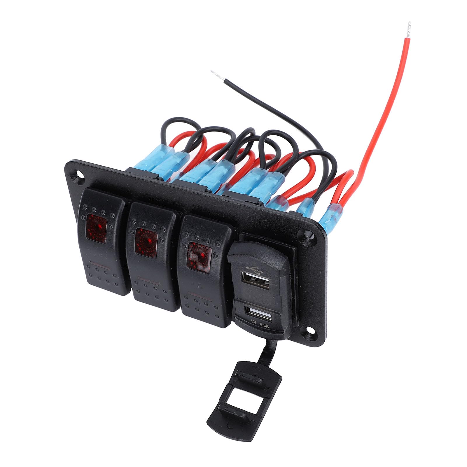 3-Gang-Wippschalter aus Aluminium mit Dual-USB-Ladegerät, Voltmeter, Blaue LED, Marine, Boot, Auto, LKW, (Rotlicht) von RASTKY