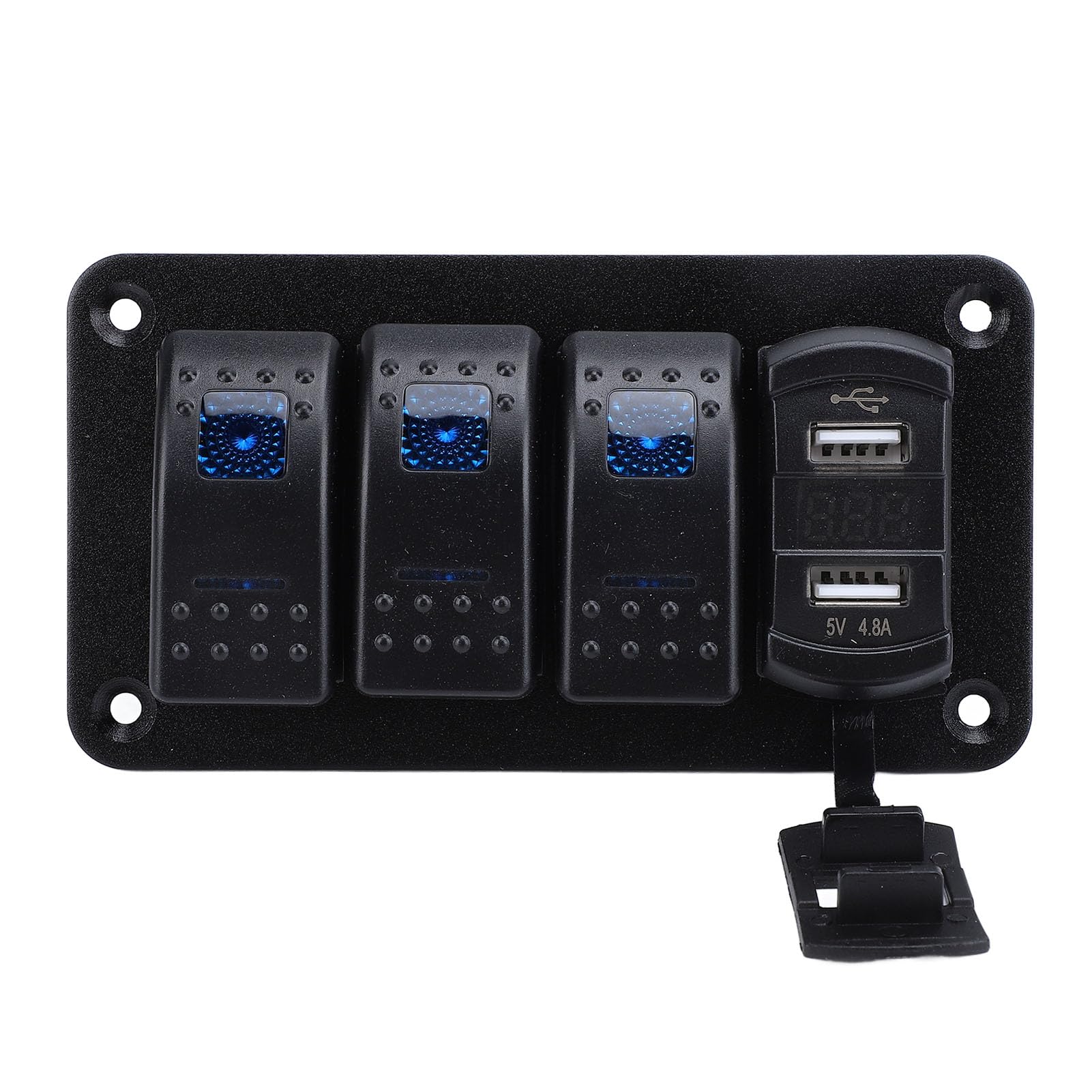 3-Gang-Wippschalter aus Aluminium mit Dual-USB-Ladegerät, Voltmeter, Blaue LED, Marine, Boot, Auto, LKW, (blaues Licht) von RASTKY