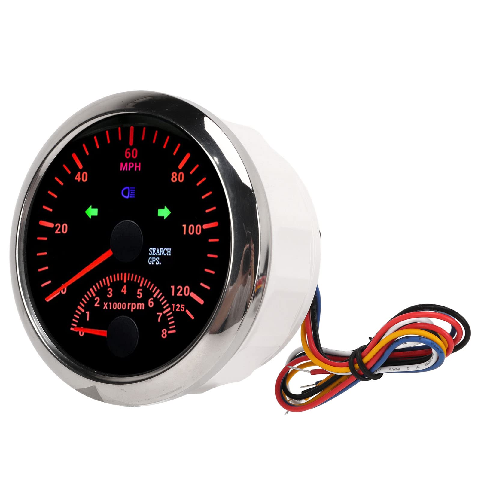 GPS-Tachometer, Edelstahl IP67 Wasserdichtes Messgerät 85 Mm 0-125 MPH mit 8000 U/min Drehzahlmesser für Motorrad, Boot, Auto, Rote Hintergrundbeleuchtung (Schwarzes Zifferblatt, von RASTKY