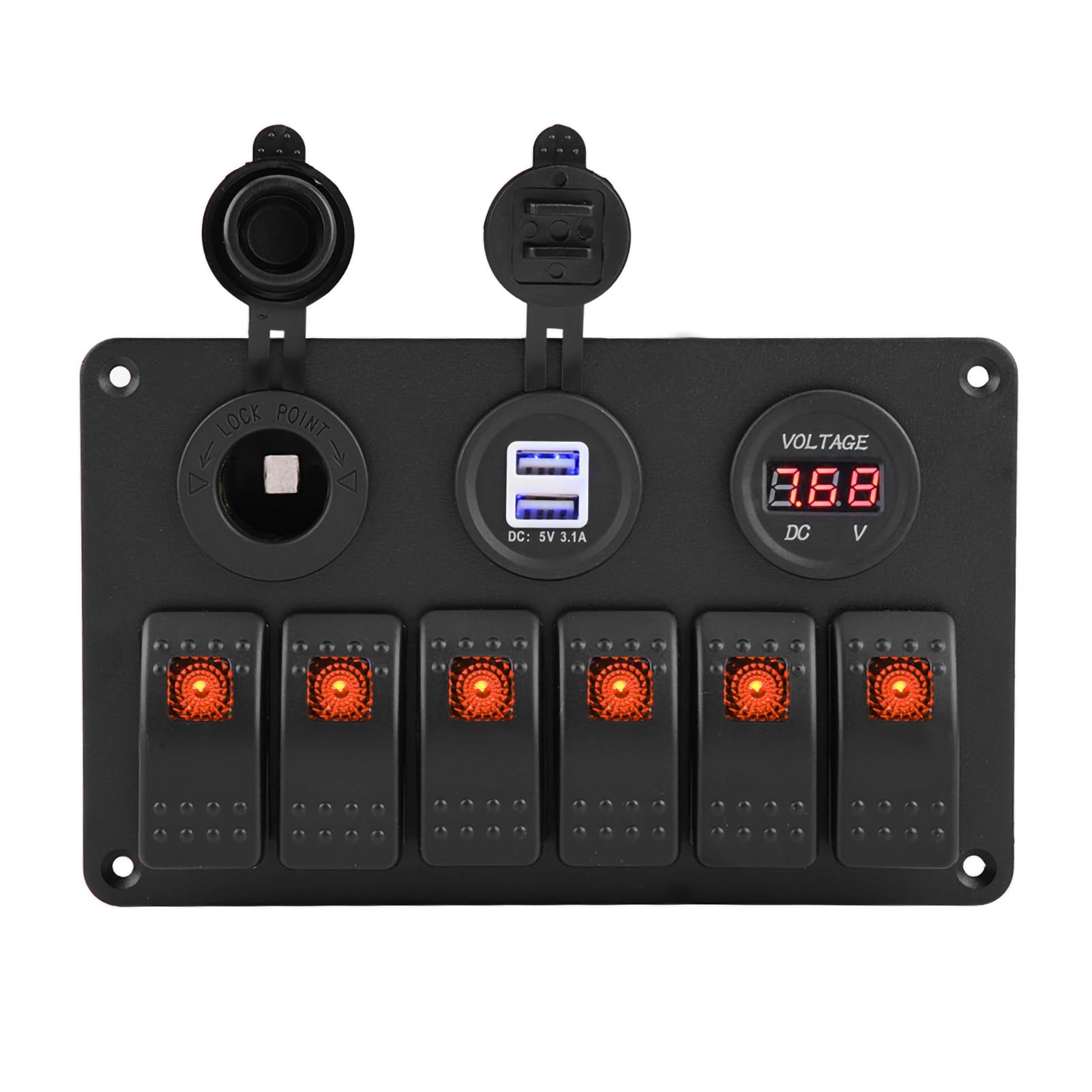 RASTKY 6-Gang-Wippschalter-Panel, Dual-USB-Ladegerät, LED-Voltmeter 12–24 V, Wippschalter, Geeignet für den Allgemeinen Einsatz in Autos, Motorrädern, Bussen, Booten (D) von RASTKY