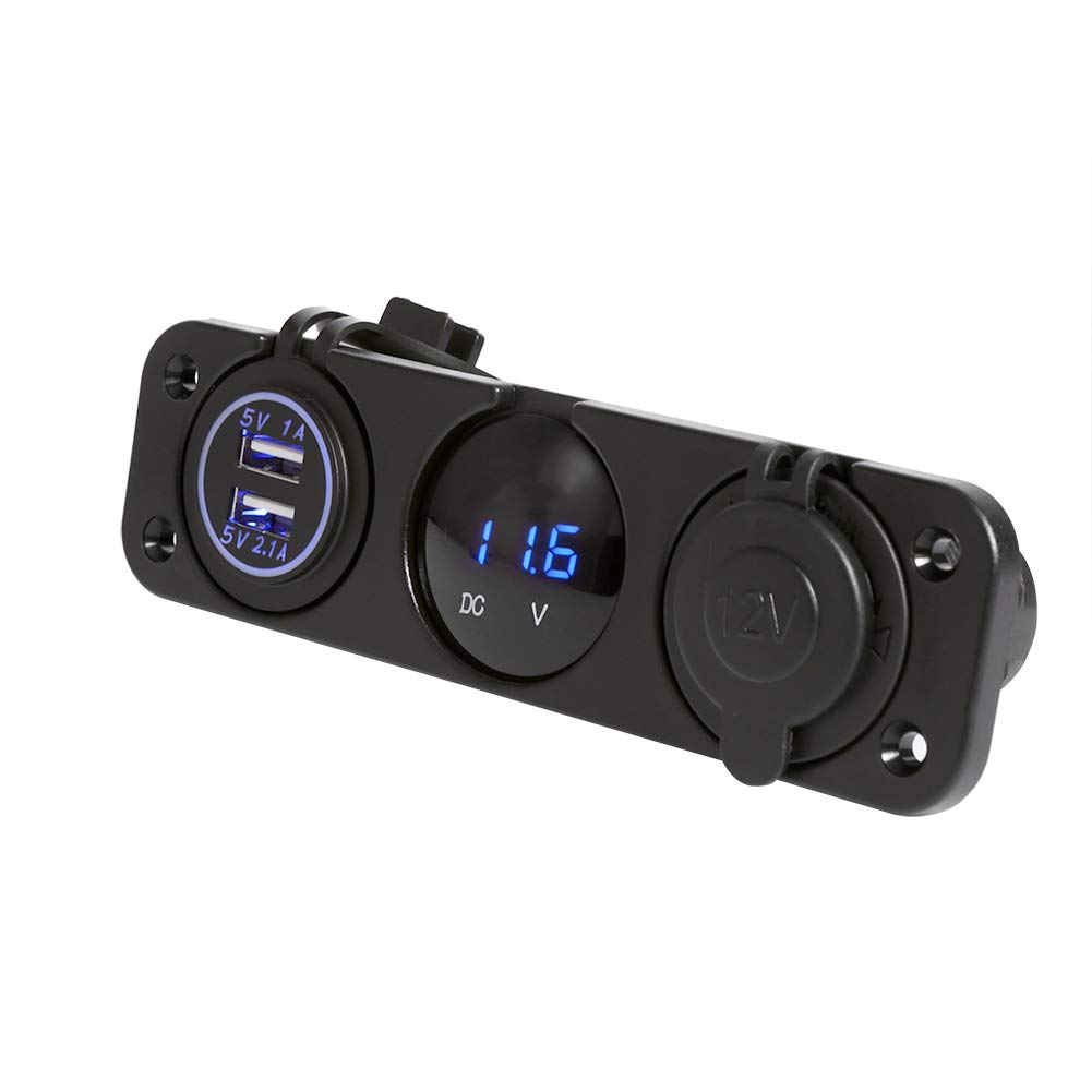 RASTKY Voltmeter, 2 USB-Ladebuchsen, Blaues LED-Licht, Wasserdichtes 3-Loch-Panel für Auto und Boot, 12-V-Steckdose mit Zigarettenanzünder, Praktisch für 12-V-24-V-Fahrzeuge, Tragbar von RASTKY