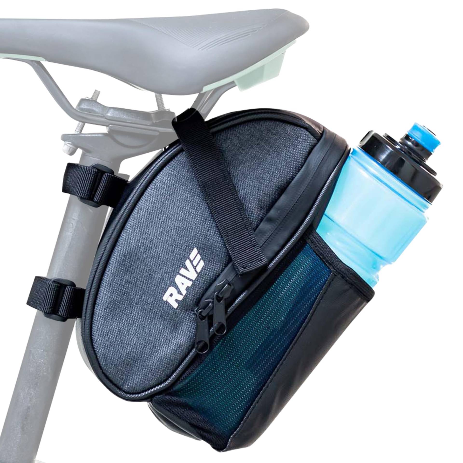 RAVE Fahrrad Satteltasche mit Flaschenhalter [PRAKTISCHER Begleiter FÜR UNTERWEGS] - 1,5 Liter Kapazität - Wasserabweisend & robust - Reflektierende Sicherheitselemente - Einfache Installation von RAVE