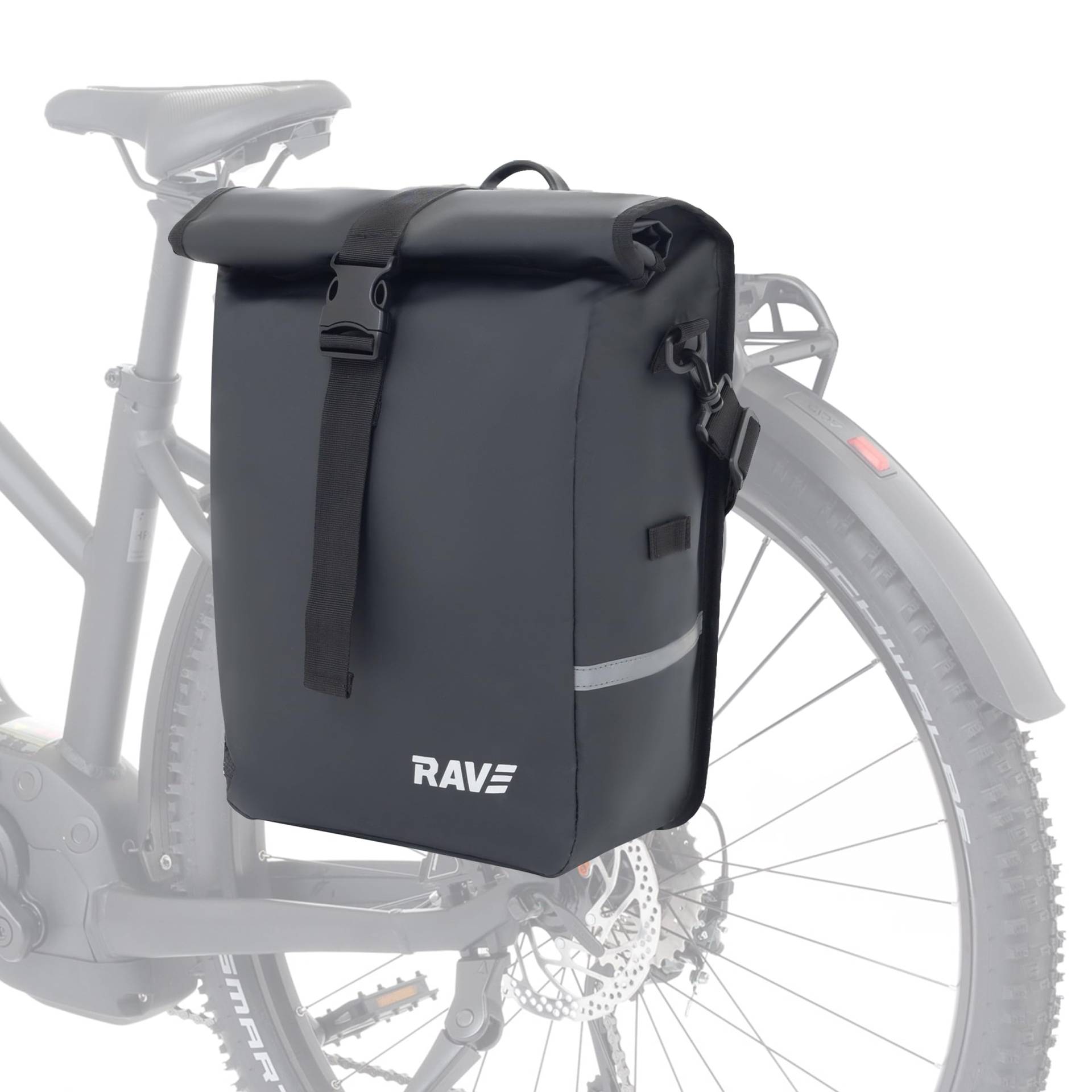 RAVE Fahrradtasche Gepäckträgertasche Voyage (Einzeln) - Schnelle, werkzeuglose Montage Dank Easy-Click-System - Wasserfest - Praktische Netz-Seitentasche - Abnehmbarer Schulter-Tragegurt von RAVE