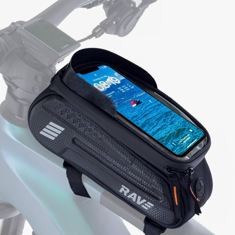 RAVE Oberrohrtasche, Handytasche Topcase, Fahrradtasche, Rahmentasche ca. 1 Liter, Schwarz | Handytasche Fahrrad, Fahrradtasche Handy, Handytasche Fahrradlenker, Fahrrad Handytasche Lenker von RAVE