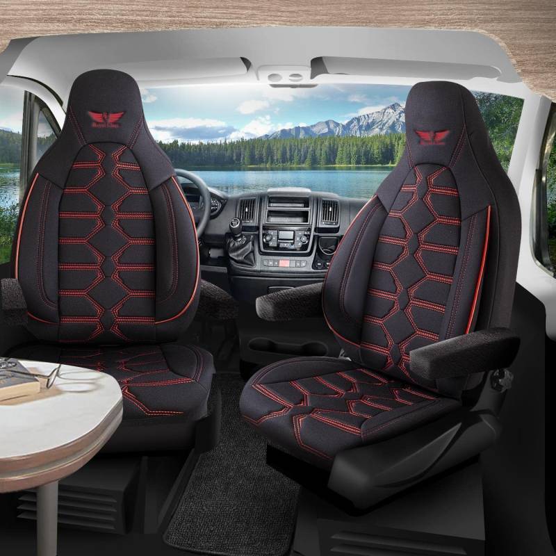 Auto Sitzbezüge Pilot Vordersitze Fahrer und Beifahrer kompatibel für Challenger Wohnmobil Caravan in Schwarz Rot Pilot 2.2 das Sitzbezugsset mit Sitzschoner Airbag Auto Zubehör Innenraum von RC Royal Class