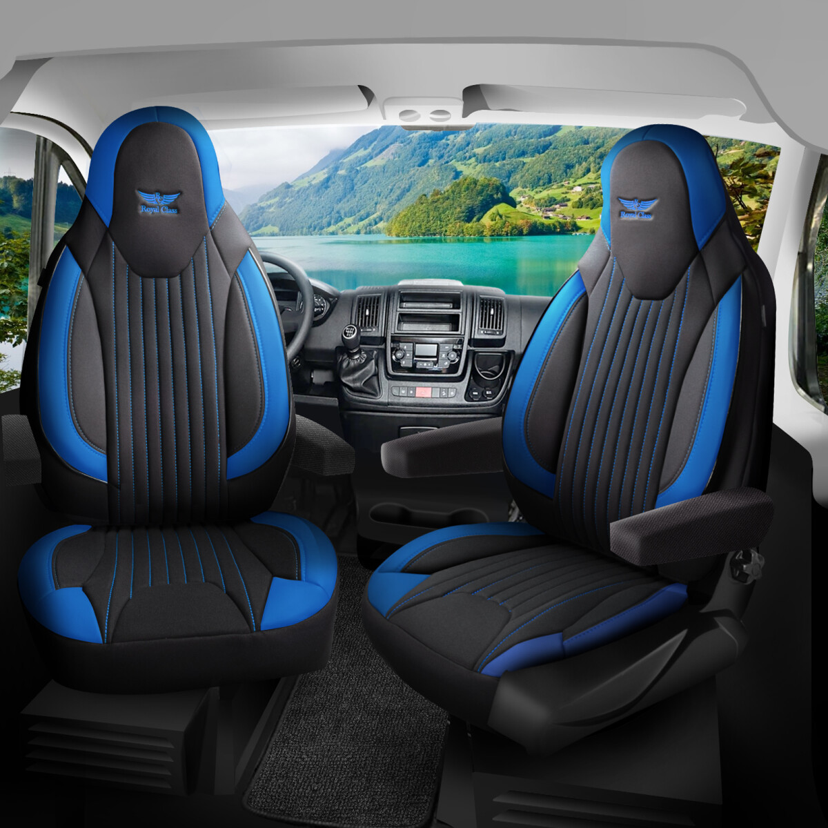 Sitzbezüge passend für Miller Wohnmobil Caravan in Schwarz Blau Pilot 6.5 von RC Royal Class