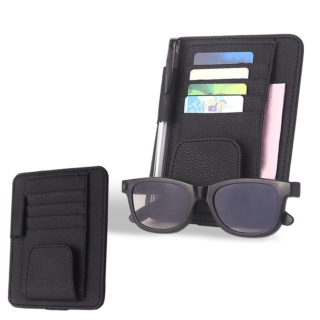 RDNKVB Auto-Visier-Organizer, Universal Auto Brillenhalter Clip mit Aufbewahrungsfächern Leder Auto Sonnenbrillenhalter Auto Visier für die Speicherung Sonnenbrille Karte Stift Rechnung (Schwarz) von RDNKVB