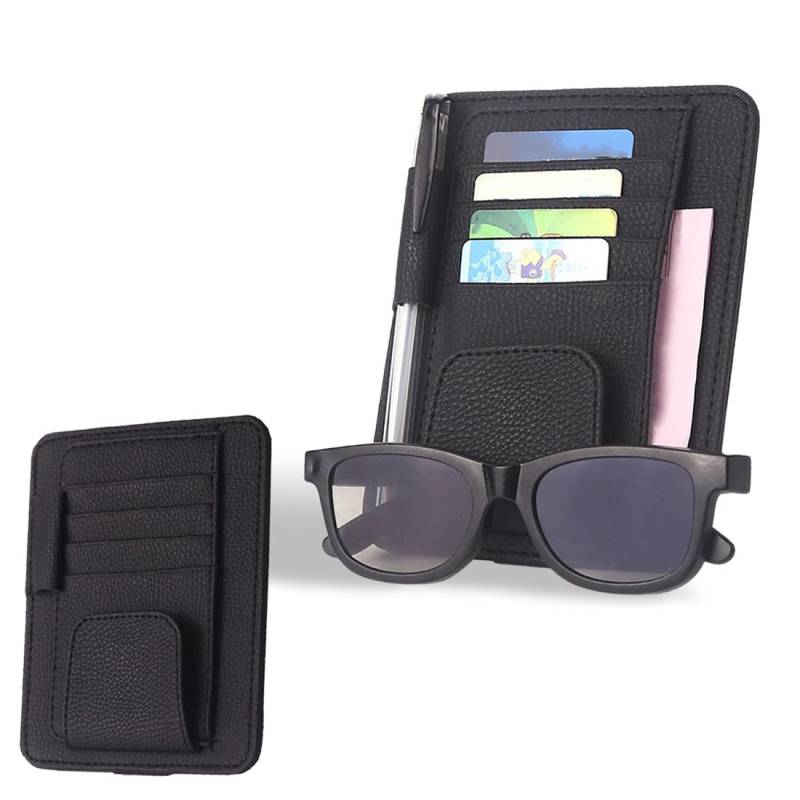 RDNKVB Auto-Visier-Organizer, Universal Auto Brillenhalter Clip mit Aufbewahrungsfächern Leder Auto Sonnenbrillenhalter Auto Visier für die Speicherung Sonnenbrille Karte Stift Rechnung (Schwarz) von RDNKVB