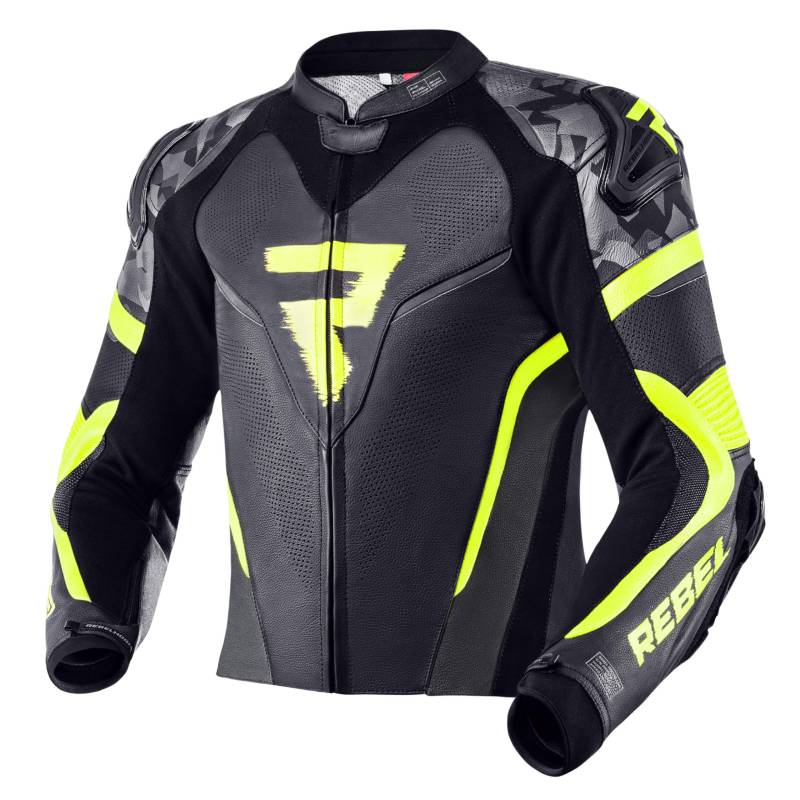 REBELHORN Rebel Motorradjacke Rindsleder Ellbogen Schultern und Rückenschutz Belüftungsschieber an Ellbogen und Schultern 4 Taschen Reflektierende Elemente, Schwarz/Fluo Gelb, 56 von REBELHORN