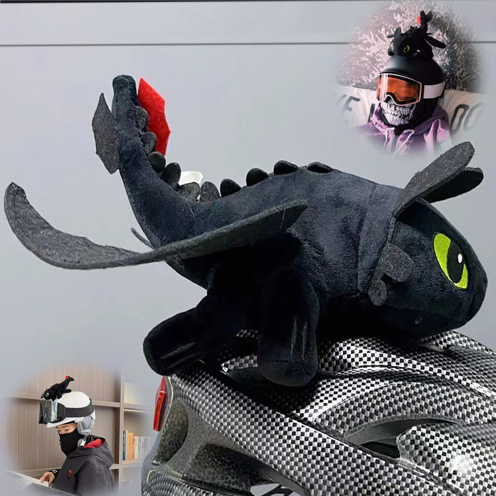 Motorradhelm-Dekoration, Zahnloses Süßes Spielzeug, Einfach Ihren Drachen Zu Trainieren, Zahnlose Drachen-Plüschtierpuppe Mit Saugnapf, Geeignet Für Helme Und Motorräder (Schwarz,20cm) von REGAPOG