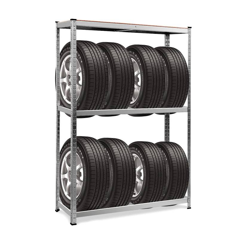 RELAX4LIFE Reifenregal, Reifenständer 3 Ebenen, belastbar bis zu 795 kg, höhenverstellbarer Reifenlager, Felgenregal aus MDF und Stahl, Garagenregal für 8 Reifen, 120 x 40 x 180 cm, Silber von RELAX4LIFE