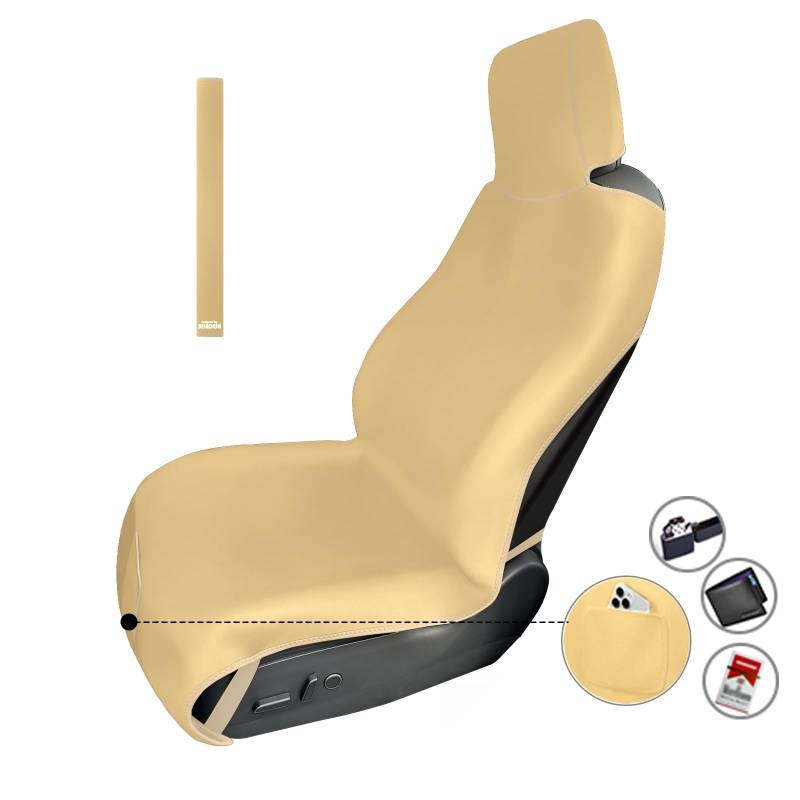 1Pc Verbesserte Verbreiterte Neopren Autositzbezüge Handtuch, Wasserdichte Sitzschoner Universal Rutschfest mit 3 Schnallengurten und Kleine Fronttasche für Hunde Kinder Autos Van LKW SUV (Beige) von RELEDESA