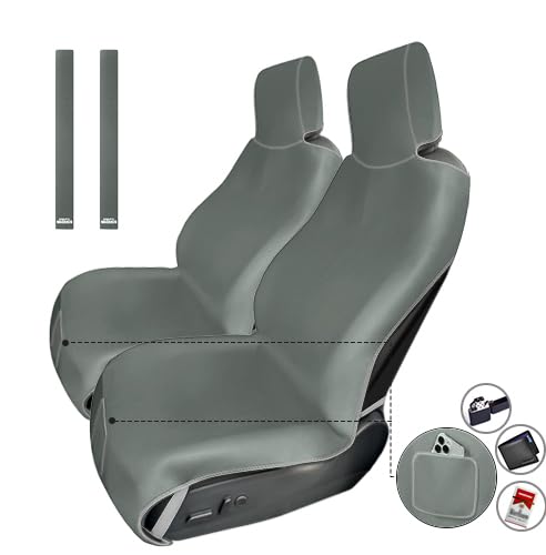 2PCs Verbesserte Verbreiterte Neopren Autositzbezüge Handtuch, Wasserdichte Sitzschoner Universal Rutschfest mit 3 Schnallengurten und Kleine Fronttasche für Hunde Kinder Van LKW SUV (Graugrün) von RELEDESA