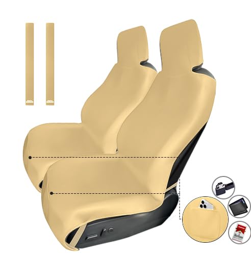 2Pcs Verbesserte Verbreiterte Neopren Autositzbezüge Handtuch, Wasserdichte Sitzschoner Universal Rutschfest mit 3 Schnallengurten und Kleine Fronttasche für Hunde Kinder Autos Van LKW SUV (Beige) von RELEDESA