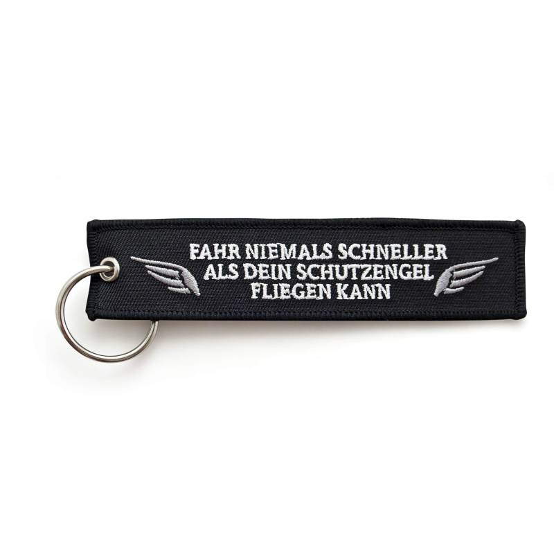 RENEGADE Schutzengel - Motorrad Schlüsselanhänger aus Stoff mit Schlüsselring Bestickt & Kratzfest (130 x 30 mm, schwarz). Ideal für Ihr Motorrad von RENEGADE