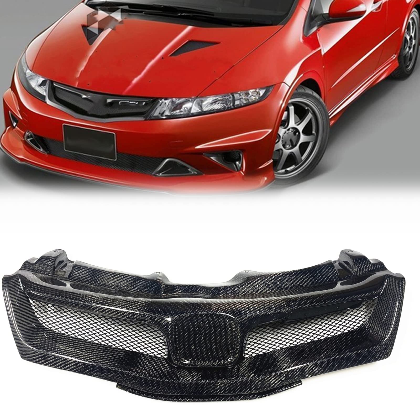 Kühlergrille Frontgrill Für Honda Für Civic FN FK FN2 Type R 2008-2011 Racing Grills Carbon Fiber Car Obere Stoßstange Hood Mesh Body Kit Grid Trim von REXGEL