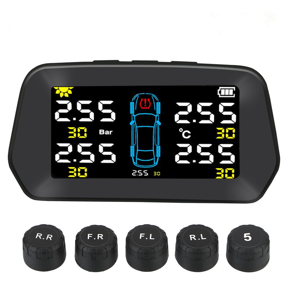 RGTTOTG Smart Solar TPMS Reifendruckkontrollsystem Werkzeuge Reifenschutz Druckmonitor USB/Solarladung 6 Alarmmodi, Auto Schlafmodus, Reifenpositionsaustausch, 5 TPMS Sensoren (0-116PSI) von RGTTOTG