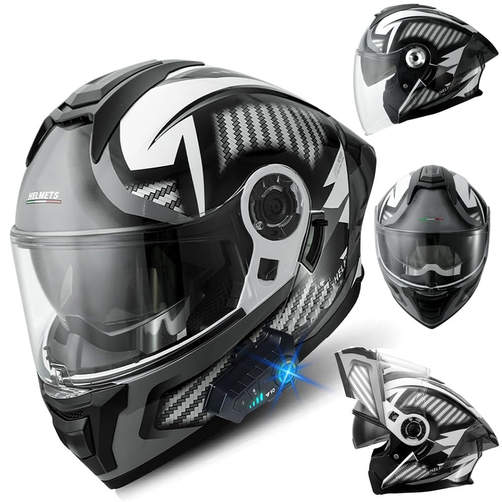 Bluetooth Motorradhelm, Klapphelm Integralhelm, ECE Zertifiziert Modulare Helm mit Anti-Fog-Doppelspiegel, Jet Helmet, Roller Jet Helm für Erwachsene Frauen Männer, M~XXXL(57~66CM) von RHBDDHV