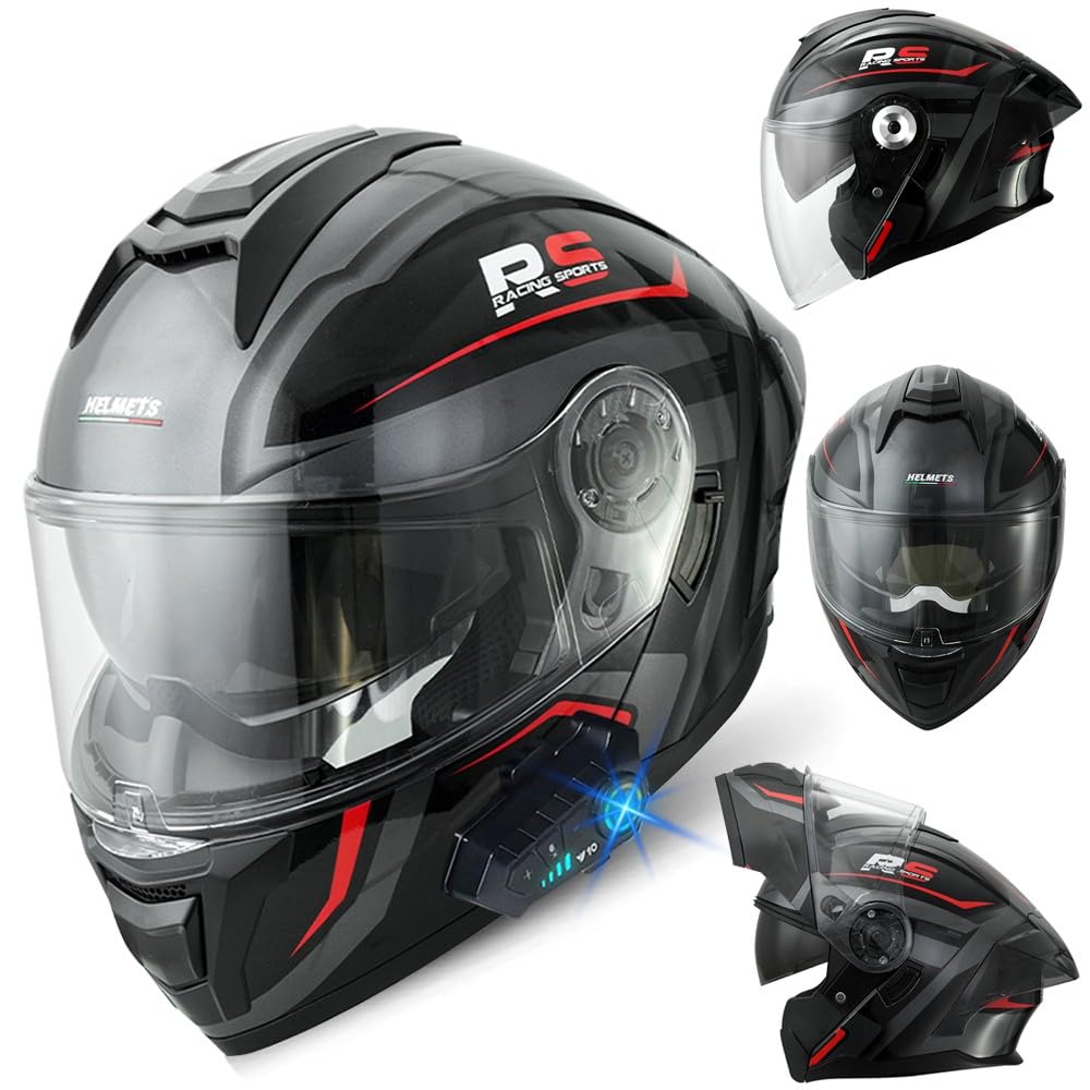 Bluetooth Motorradhelm, Klapphelm Integralhelm, ECE Zertifiziert Modulare Helm mit Anti-Fog-Doppelspiegel, Jet Helmet, Roller Jet Helm für Erwachsene Frauen Männer, M~XXXL(57~66CM) von RHBDDHV