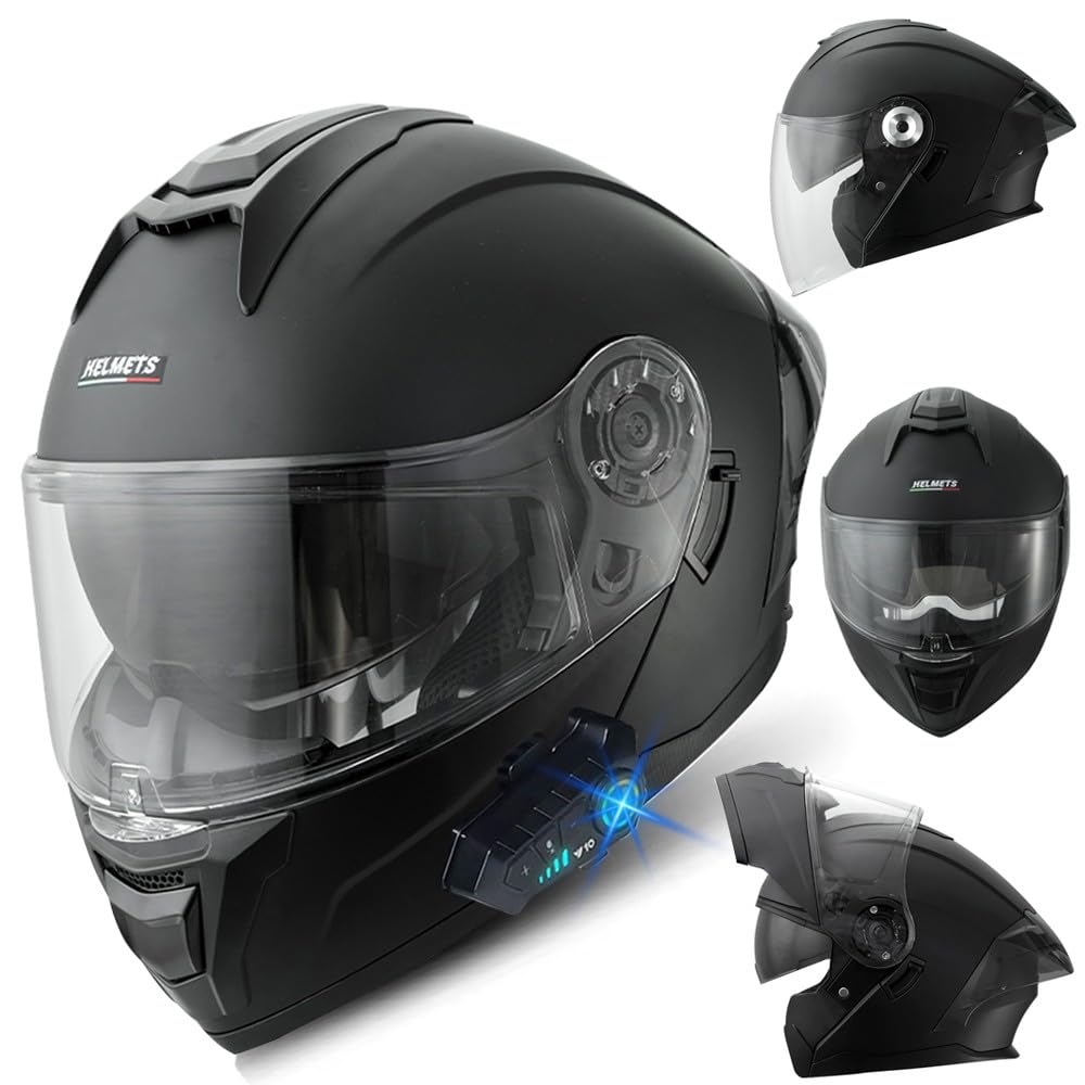 Bluetooth Motorradhelm, Klapphelm Integralhelm, ECE Zertifiziert Modulare Helm mit Anti-Fog-Doppelspiegel, Jet Helmet, Roller Jet Helm für Erwachsene Frauen Männer, M~XXXL(57~66CM) von RHBDDHV