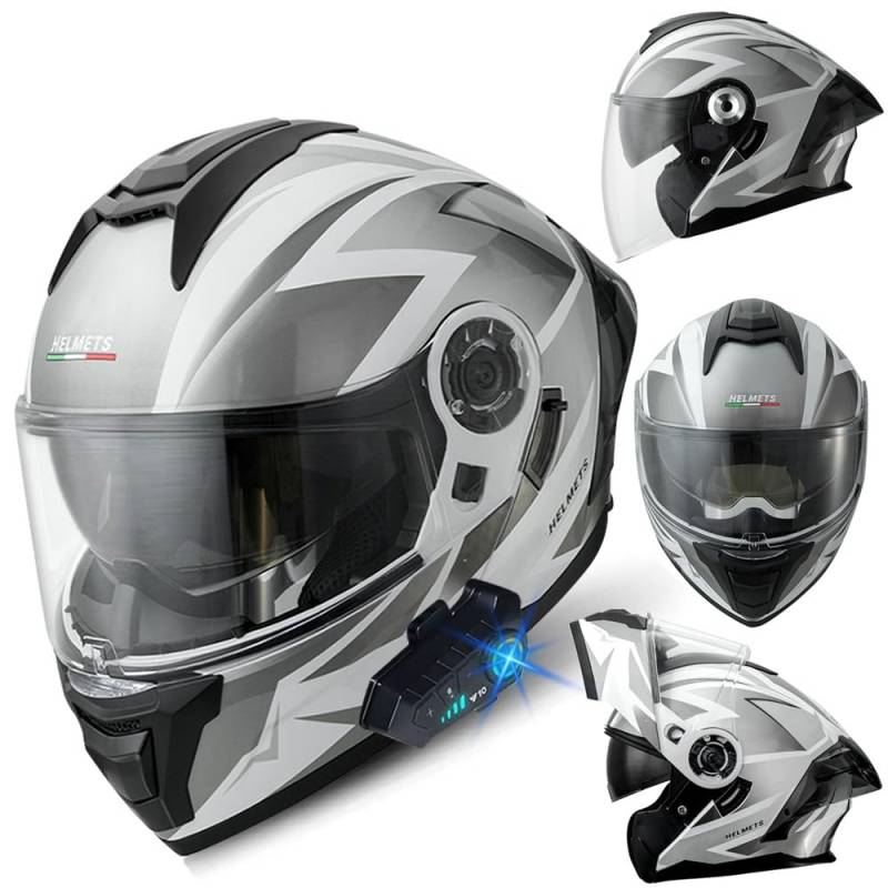 Bluetooth Motorradhelm, Klapphelm Integralhelm, ECE Zertifiziert Modulare Helm mit Anti-Fog-Doppelspiegel, Jet Helmet, Roller Jet Helm für Erwachsene Frauen Männer, M~XXXL(57~66CM) von RHBDDHV