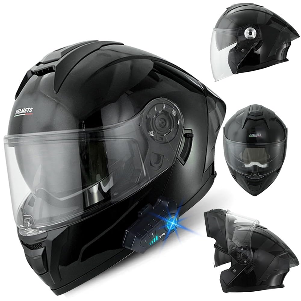 Bluetooth Motorradhelm, Klapphelm Integralhelm, ECE Zertifiziert Modulare Helm mit Anti-Fog-Doppelspiegel, Jet Helmet, Roller Jet Helm für Erwachsene Frauen Männer, M~XXXL(57~66CM) von RHBDDHV