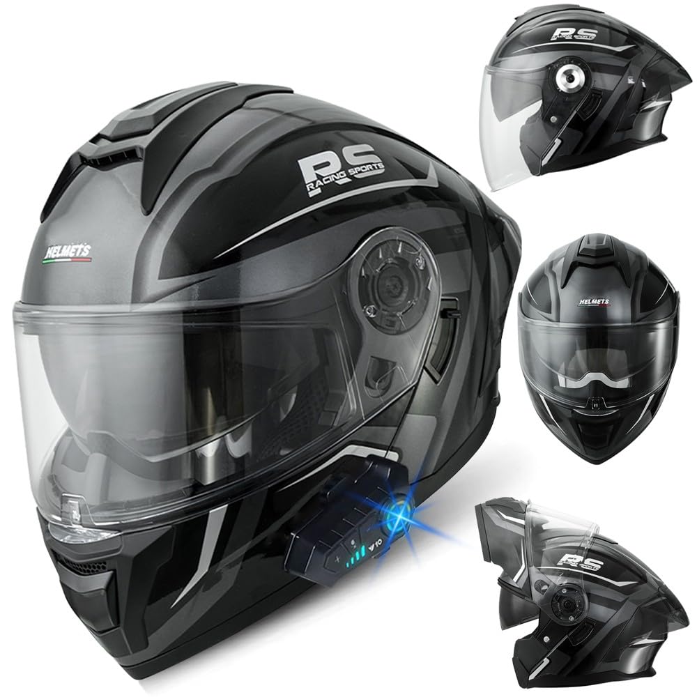 Bluetooth Motorradhelm, Klapphelm Integralhelm, ECE Zertifiziert Modulare Helm mit Anti-Fog-Doppelspiegel, Jet Helmet, Roller Jet Helm für Erwachsene Frauen Männer, M~XXXL(57~66CM) von RHBDDHV