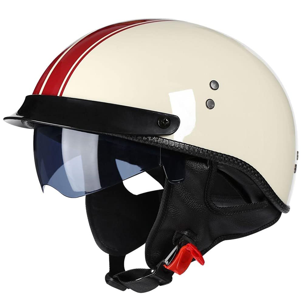 Motorrad Halbhelme Retro Jethelm Motorradhelm mit Visier Halbschalenhelm Braincap DOT/ECE-Zertifizierung Herren Damen Moped Helm Rollerhelm Scooter Helm für Biker Cruiser Chopper von RHBDDHV