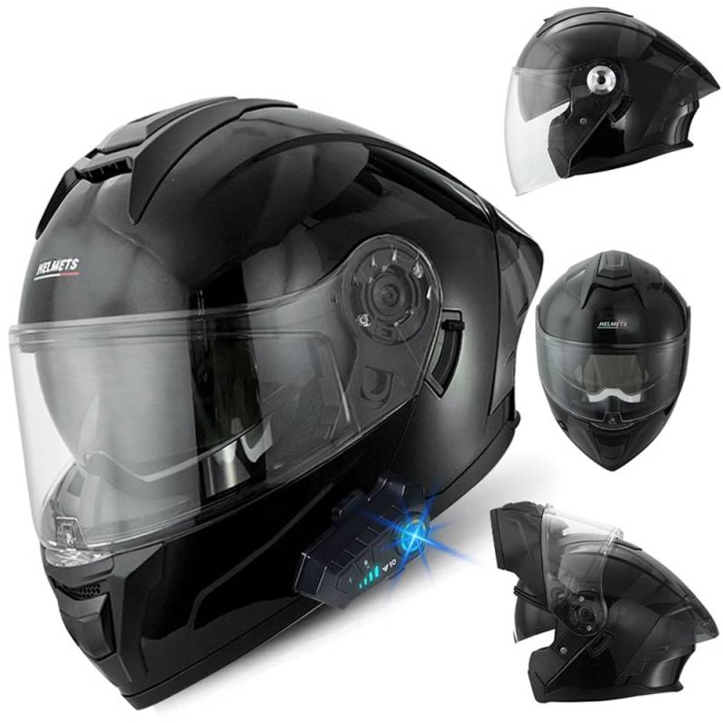 RHBDDHV Bluetooth Motorradhelm, Klapphelm Integralhelm, ECE Zertifiziert Modulare Helm mit Anti-Fog-Doppelspiegel, Jet Helmet, Roller Jet Helm für Erwachsene Frauen Männer, M~XXXL(57~66CM) von RHBDDHV