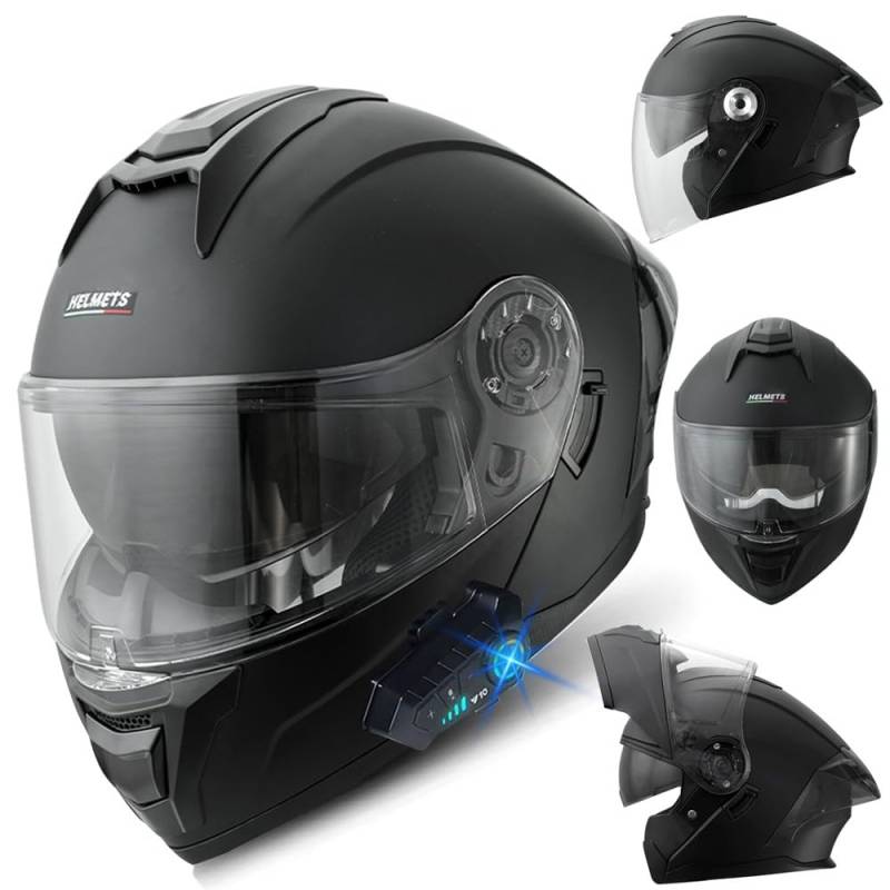 RHBDDHV Bluetooth Motorradhelm, Klapphelm Integralhelm, ECE Zertifiziert Modulare Helm mit Anti-Fog-Doppelspiegel, Jet Helmet, Roller Jet Helm für Erwachsene Frauen Männer, M~XXXL(57~66CM) von RHBDDHV