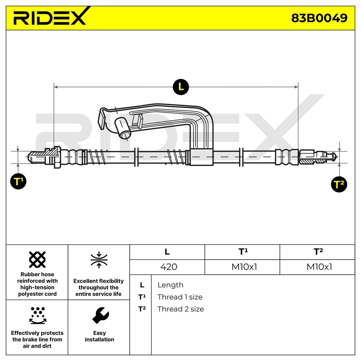 RIDEX Bremsschläuche FORD,MAZDA 83B0049 96FB2078BG,96FB2078HA,1E0243810 Bremsschlauch 1016623,1066796,1109678,96FB2078BE,96FB2078BF,1E0143810B von RIDEX