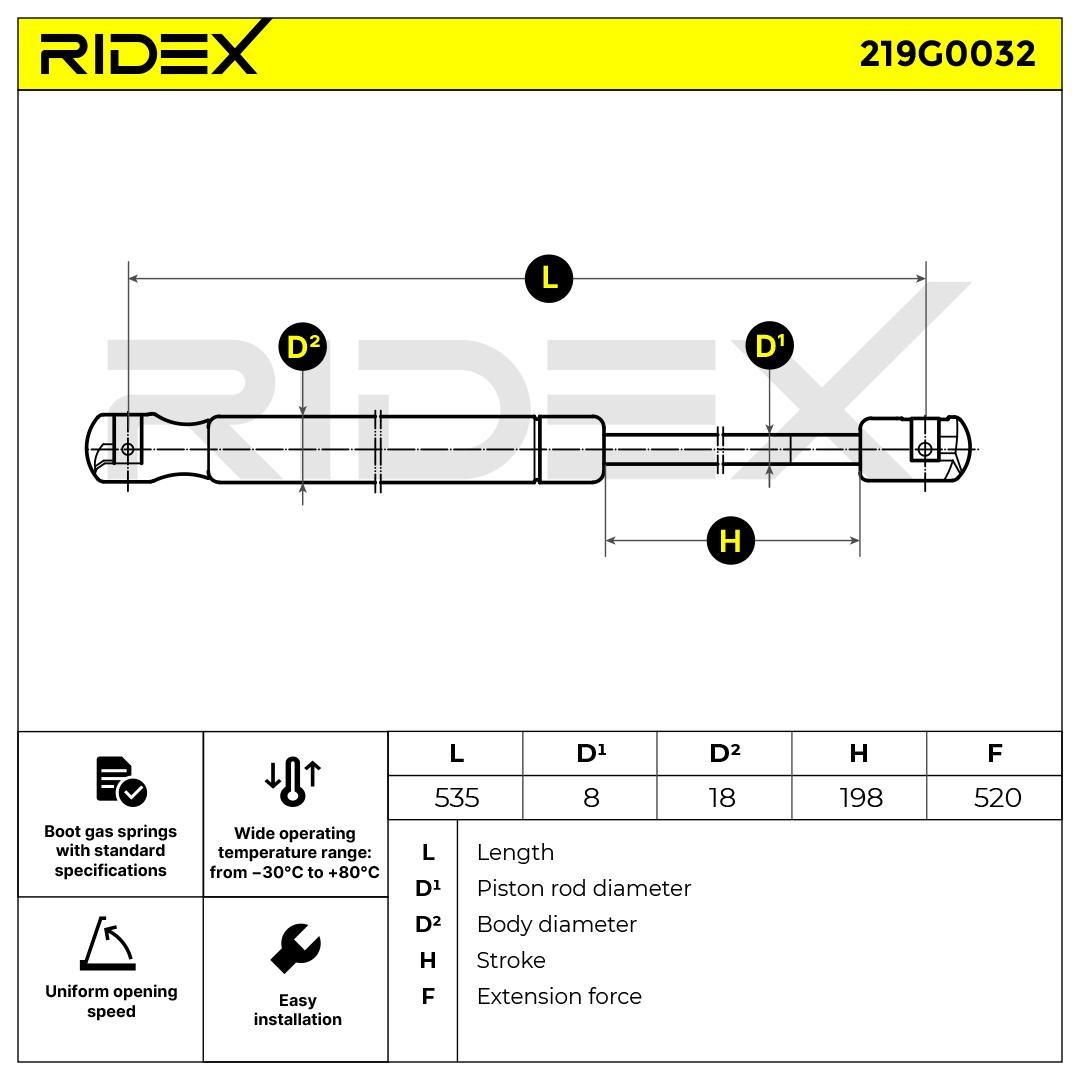 RIDEX Heckklappendämpfer FORD 219G0032 1S71A406A10AC,1S71A406A10BB,1117047 1S71A406A10AB,1219985,1S71A406A10BC,1S71A406A10CA,1117046,1119688,1120611 von RIDEX