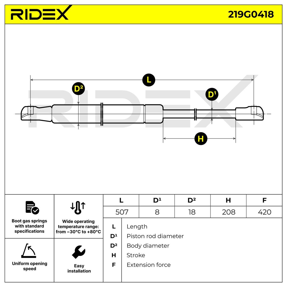 RIDEX Heckklappendämpfer OPEL,FIAT,SUZUKI 219G0418 4705685,4708557,9212659 9212660,93193386,46420780,4705684 von RIDEX