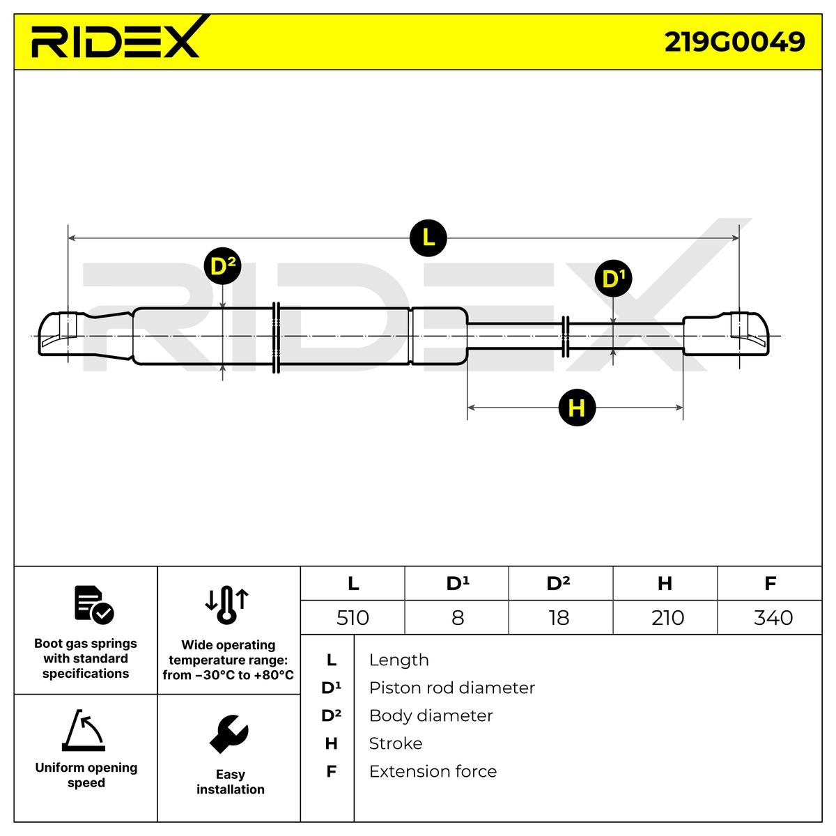 RIDEX Heckklappendämpfer PEUGEOT 219G0049 51023704,510E07,8731E6 873E09 von RIDEX