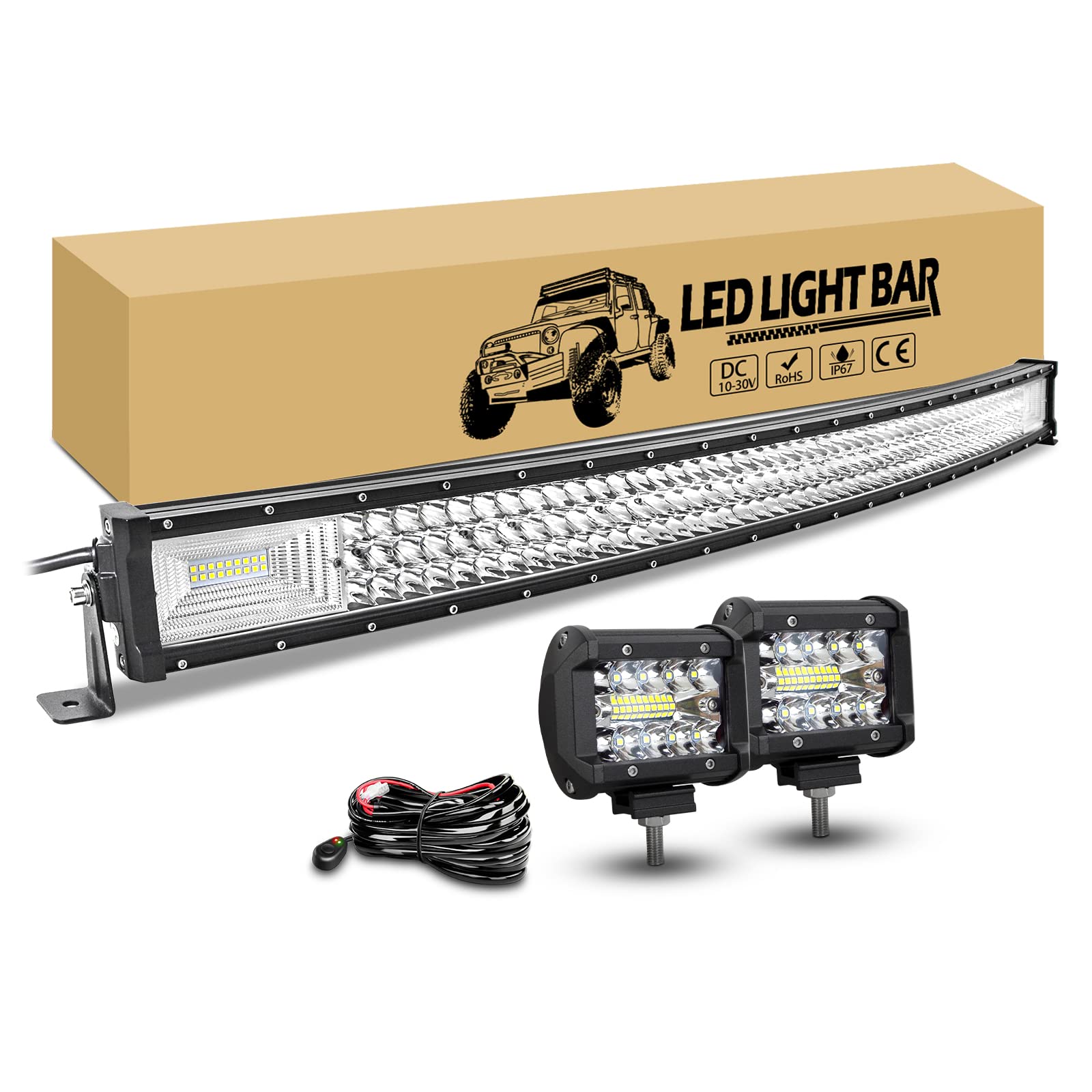 RIGIDON 107cm 42 Zoll 540W led lichtbalken gebogen, 2 x 10cm 60W led Offroad zusatzscheinwerfer und 12v kabelbaum kit, arbeitsscheinwerfer Lampe led bar für Auto kfz pkw LKW 4x4 Fahrzeuge von RIGIDON