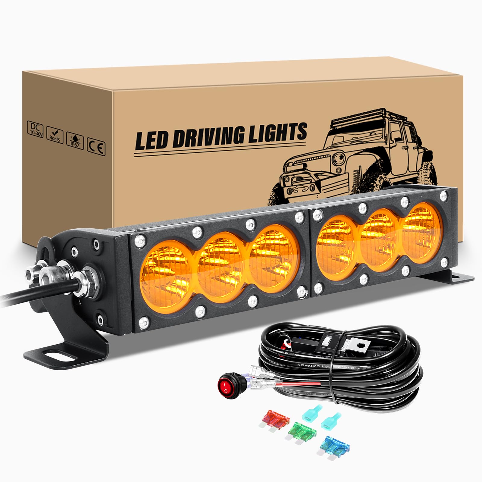 RIGIDON 12" 29cm 60W Led Arbeitsscheinwerfer Bar mit 12V Kabelbaum kit, Led Scheinwerfer Strahler Wasserdicht für Auto Offroad Traktor SUV UTV ATV LKW, 3000K Amber LED Nebelscheinwerfer von RIGIDON