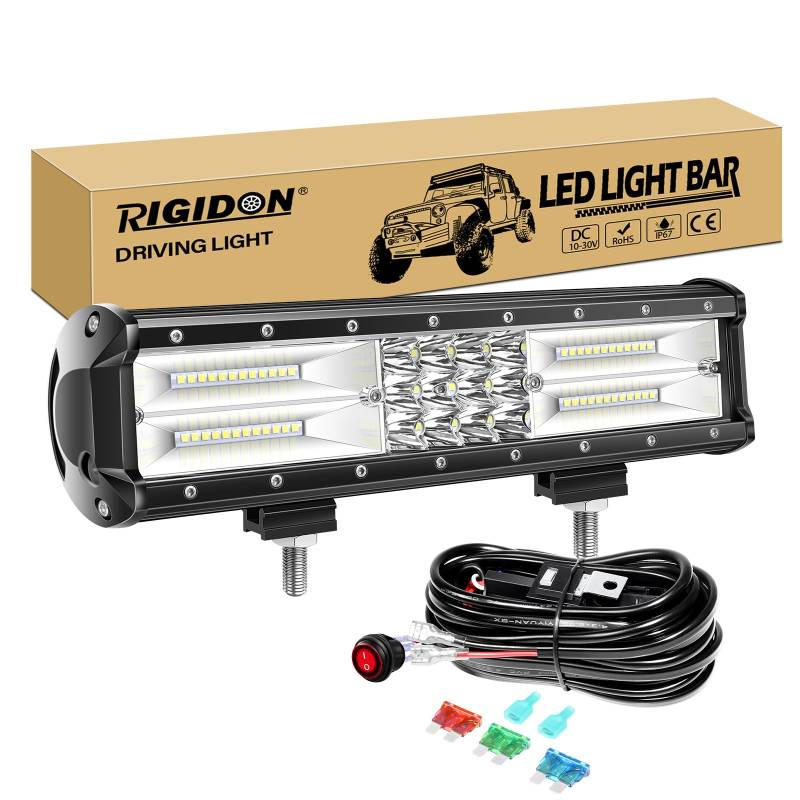 RIGIDON 12 Zoll 30cm 180W Wasserdichte Led lichtleiste kfz mit 12v kabelbaum kit, Offroad beleuchtung bar für Auto SUV UTV ATV, LKW 4x4, Fahrzeuge, 6000K Weiß led nebelscheinwerfer, Led arbeitslicht von RIGIDON