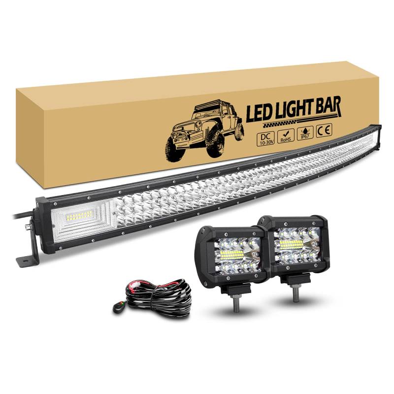 RIGIDON 127cm 50 zoll 648W led lichtbalken gebogen, 2 x 10cm 60W led offroad zusatzscheinwerfer und 12v kabelbaum kit, arbeitsscheinwerfer lampe led bar für auto kfz pkw lkw 4x4 fahrzeuge von RIGIDON