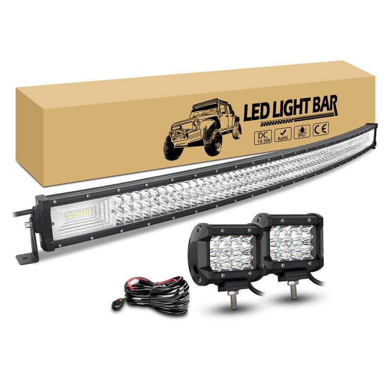 RIGIDON 127cm 648W gebogen led arbeitsscheinwerfer bar mit 12v kabelbaum kit, 2 x 10cm 36W led offroad spot strahler, led lichtleiste kfz für auto lkw traktor 4x4 fahrzeuge zusatzscheinwerfer von RIGIDON