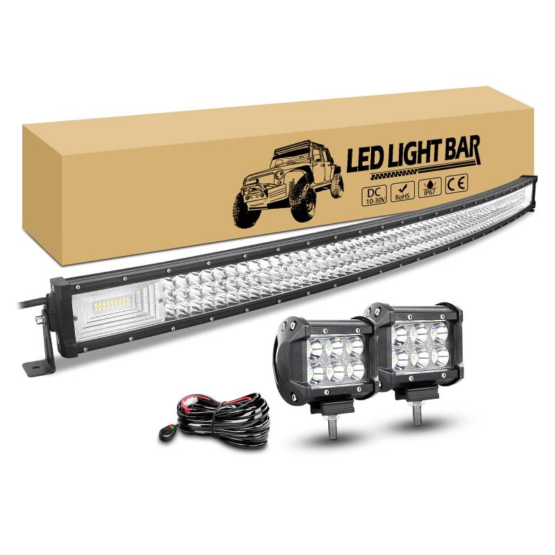 RIGIDON 127cm 648W led lichtleiste gebogen mit 12v kabelbaum kit, 2 pcs 10cm 18W led Offroad Scheinwerfer wasserdicht für Auto LKW kfz Traktor 4x4 Fahrzeuge, 6000K weiß nebelscheinwerfer von RIGIDON