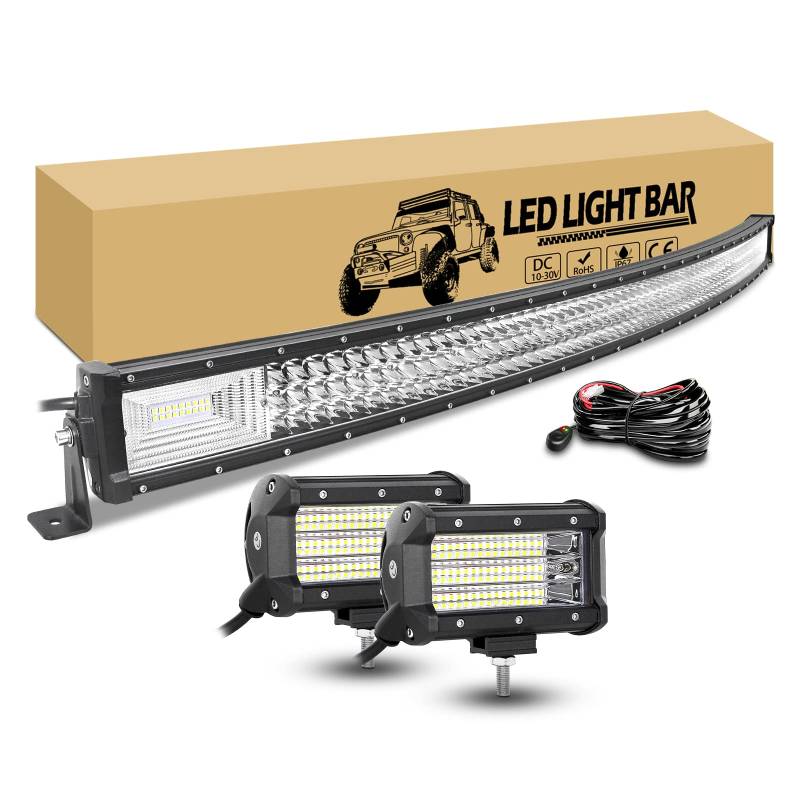 RIGIDON 132cm 52 Zoll 675W gebogen led lampe mit 12v kabelbaum kit, 2 x 13cm 135W led flutstrahler offroad beleuchtung, wasserdicht arbeitslichtleiste lightbar für auto kfz pkw lkw 4x4 fahrzeuge von RIGIDON