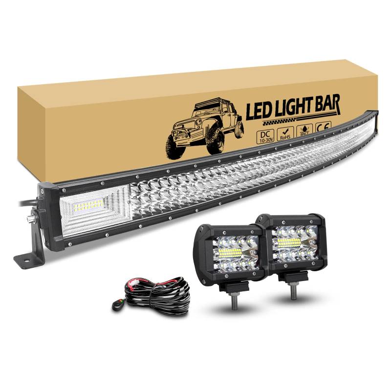 RIGIDON 132cm 52 zoll 675W led lichtbalken gebogen, 2 x 10cm 60W led offroad zusatzscheinwerfer und 12v kabelbaum kit, arbeitsscheinwerfer lampe led bar für auto kfz pkw lkw 4x4 fahrzeuge von RIGIDON