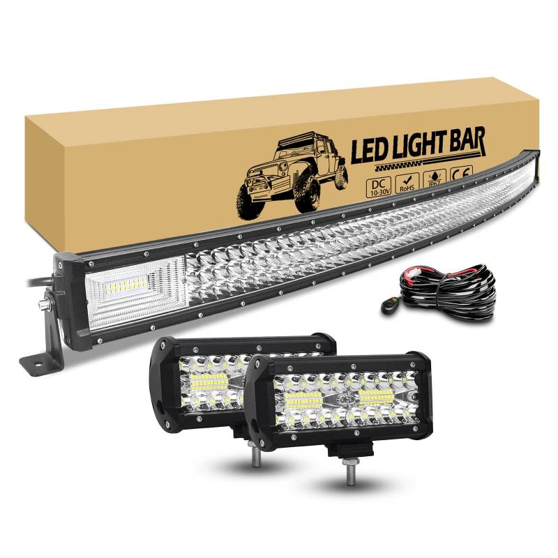 RIGIDON 132cm 675W gebogen led lichtbalken, 2 x 18cm 120W led offroad zusatzscheinwerfer und 12v kabelbaum kit, wasserdicht led arbeitsscheinwerfer bar für auto kfz pkw lkw 4x4 fahrzeuge von RIGIDON