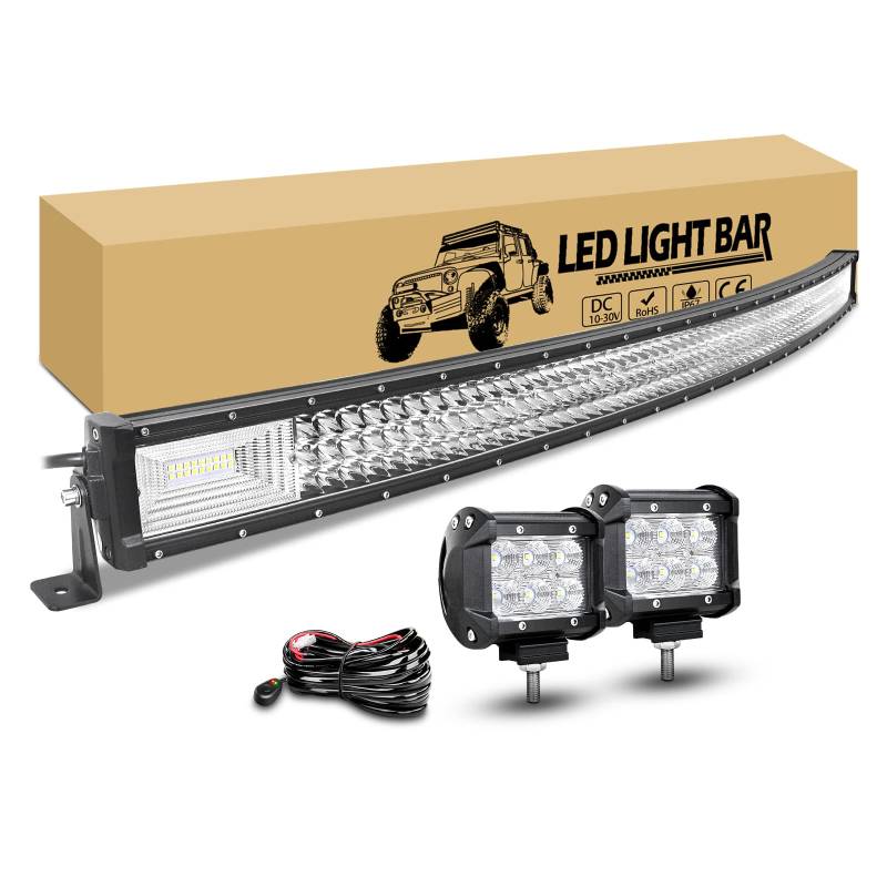 RIGIDON 132cm 675W led lichtleiste gebogen mit 12v kabelbaum kit, 2 pcs 10cm 18W led offroad flutstrahler wasserdicht lampe für auto lkw kfz traktor 4x4 fahrzeuge 6000k weiß led nebelscheinwerfer von RIGIDON