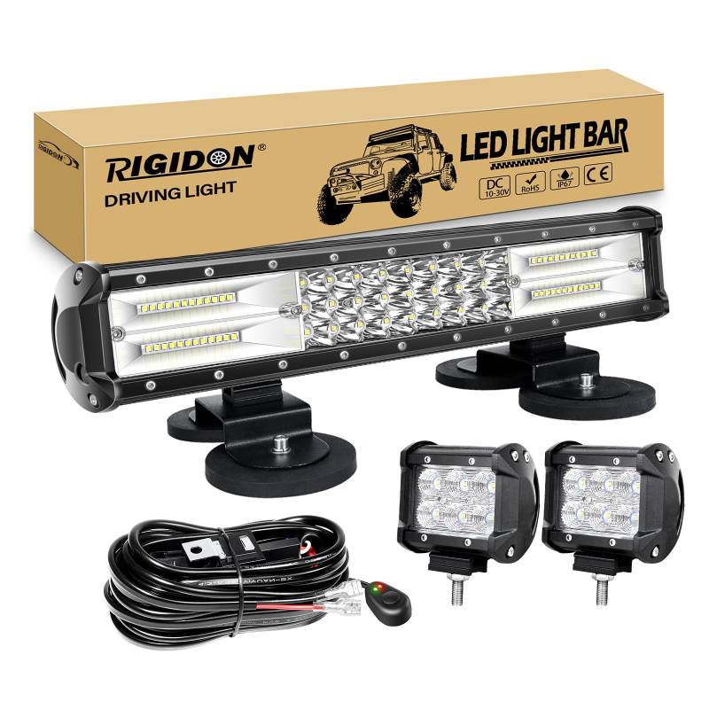 RIGIDON 15 Zoll 38 cm 216W Led Lichtbalken Mit 12V Kabelbaum, Magnet halterungen, 2 Pcs 4 Zoll 18W Arbeitsscheinwerfer bar für SUV Offroad ATV UTE Traktor LKW 4x4 Auto, 6000K Nebelscheinwerfer von RIGIDON